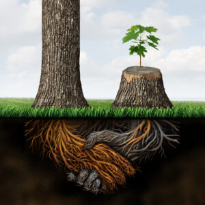 Fix a Broken relationship and reviving a dead partnership with two trees with roots representing a business handshake with one tree cut down and the root rotting recovering with new growth as a symbol of hope and reconciliation.